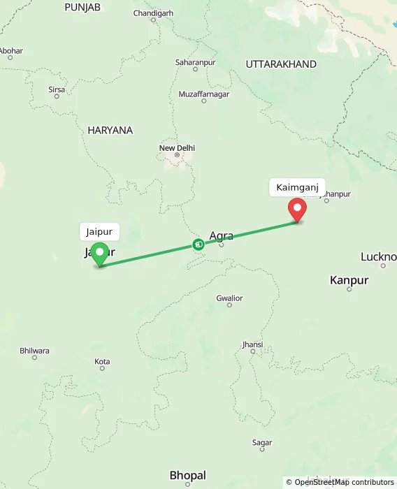 Route map showing distance and travel time from Jaipur, India to Kaimganj, India