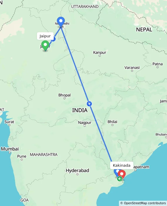Route map showing distance and travel time from Jaipur, India to Kakinada, India