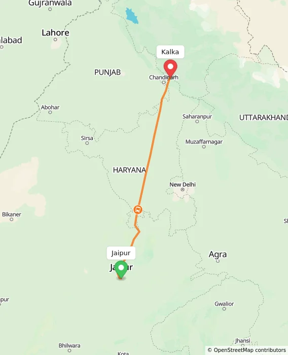 Route map showing distance and travel time from Jaipur, India to Kalka, India