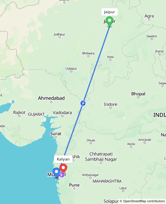 Route map showing distance and travel time from Jaipur, India to Kalyan, India