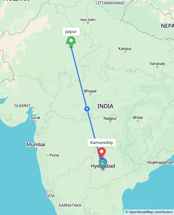 Route map showing distance and travel time from Jaipur, India to Kamareddy, India