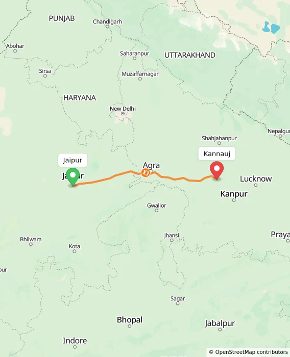 Route map showing distance and travel time from Jaipur, India to Kannauj, India