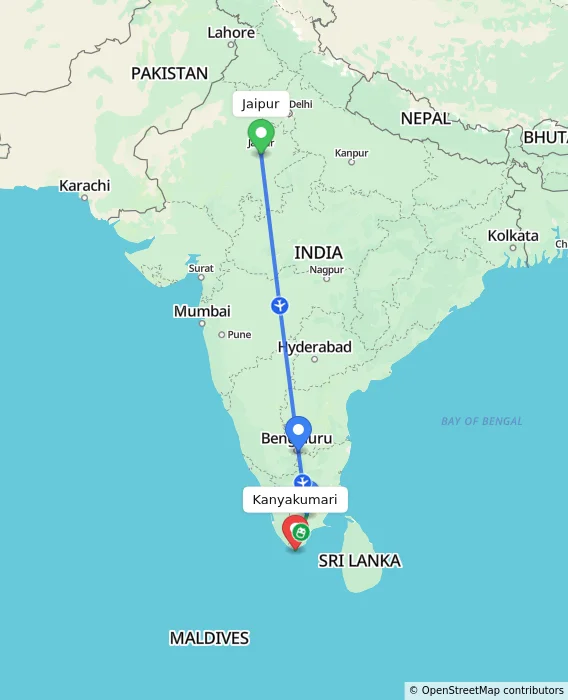 Route map showing distance and travel time from Jaipur, India to Kanyakumari, India