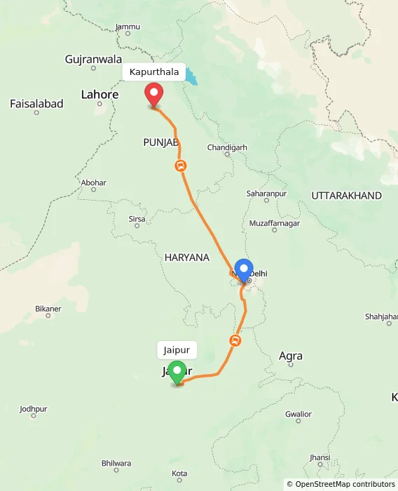 Route map showing distance and travel time from Jaipur, India to Kapurthala, India