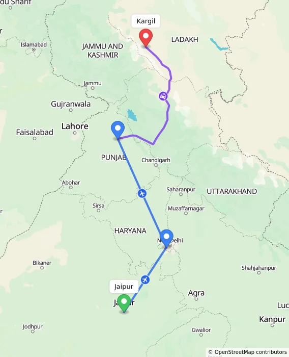 Route map showing distance and travel time from Jaipur, India to Kargil, India