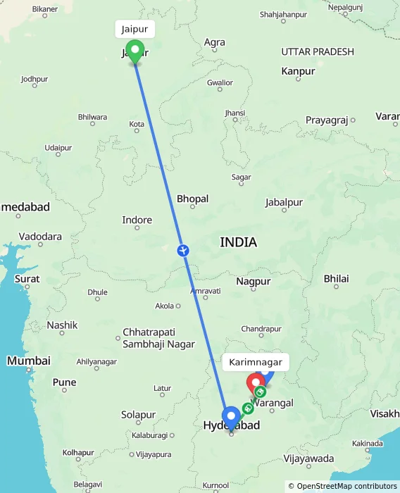 Route map showing distance and travel time from Jaipur, India to Karimnagar, India
