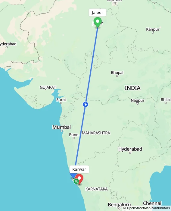 Route map showing distance and travel time from Jaipur, India to Karwar, India