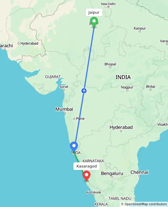 Route map showing distance and travel time from Jaipur, India to Kasaragod, India