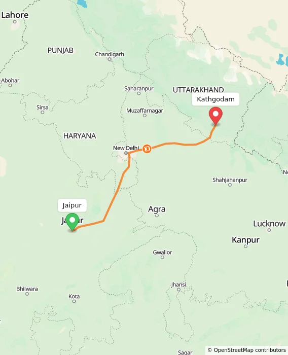 Route map showing distance and travel time from Jaipur, India to Kathgodam, India