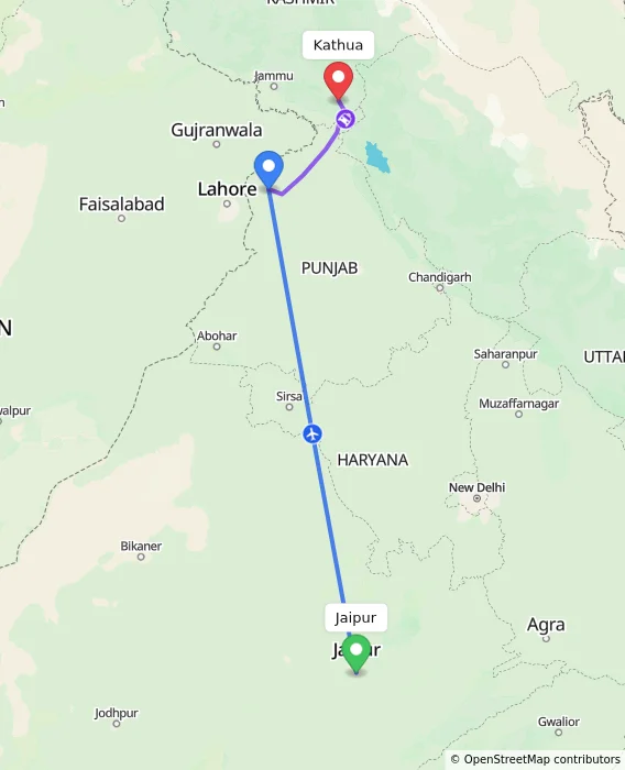 Route map showing distance and travel time from Jaipur, India to Kathua, India