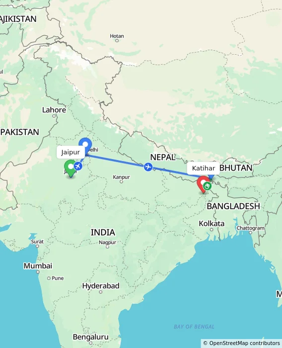 Route map showing distance and travel time from Jaipur, India to Katihar, India