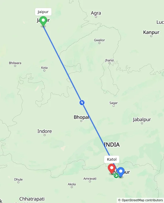 Route map showing distance and travel time from Jaipur, India to Katol, India