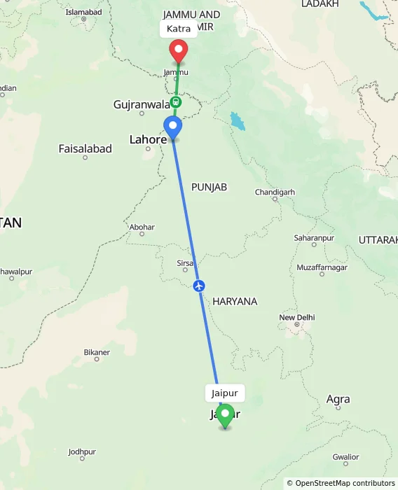 Route map showing distance and travel time from Jaipur, India to Katra, India