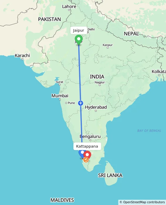 Route map showing distance and travel time from Jaipur, India to Kattappana, India