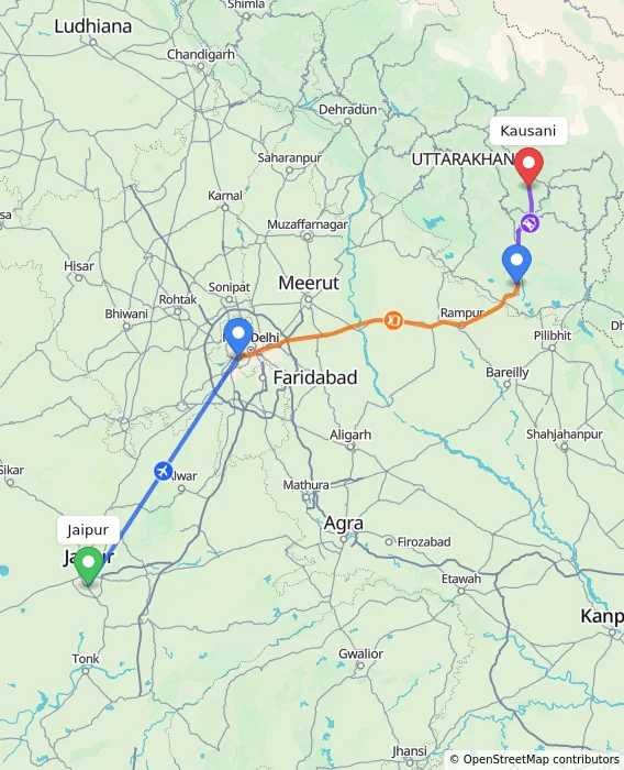 Route map showing distance and travel time from Jaipur, India to Kausani, India