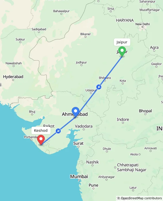 Route map showing distance and travel time from Jaipur, India to Keshod, India
