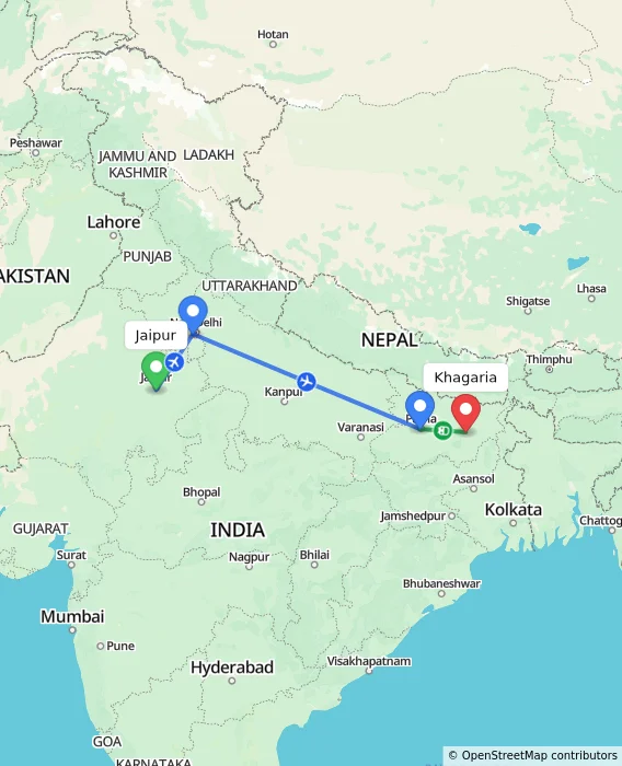 Route map showing distance and travel time from Jaipur, India to Khagaria, India