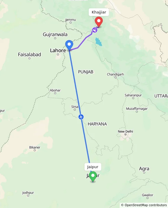 Route map showing distance and travel time from Jaipur, India to Khajjiar, India