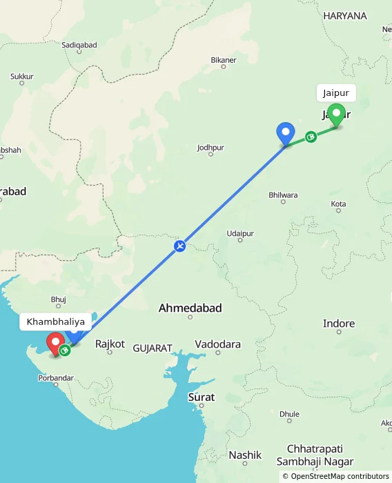 Route map showing distance and travel time from Jaipur, India to Khambhaliya, India
