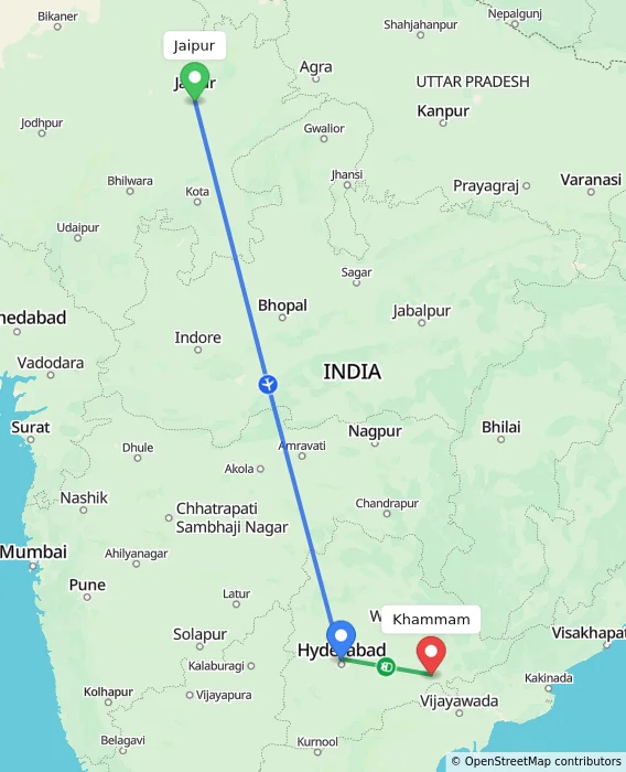 Route map showing distance and travel time from Jaipur, India to Khammam, India