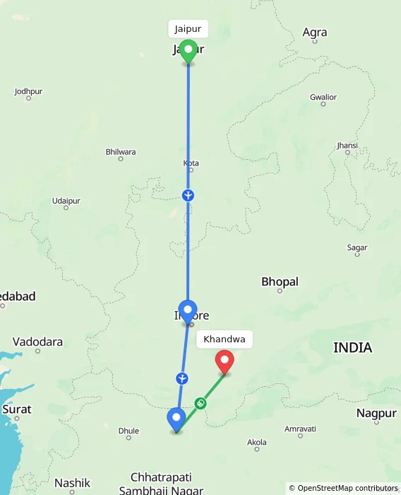 Route map showing distance and travel time from Jaipur, India to Khandwa, India