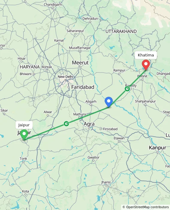 Route map showing distance and travel time from Jaipur, India to Khatima, India