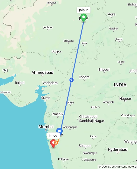 Route map showing distance and travel time from Jaipur, India to Khed, India