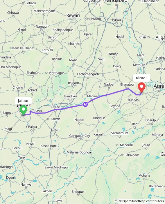 Route map showing distance and travel time from Jaipur, India to Kiraoli, India