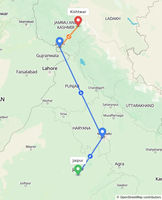 Route map showing distance and travel time from Jaipur, India to Kishtwar, India