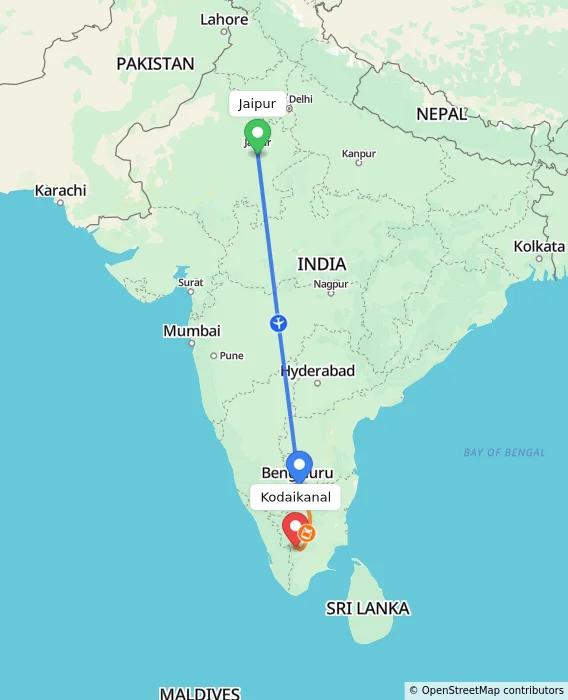 Route map showing distance and travel time from Jaipur, India to Kodaikanal, India