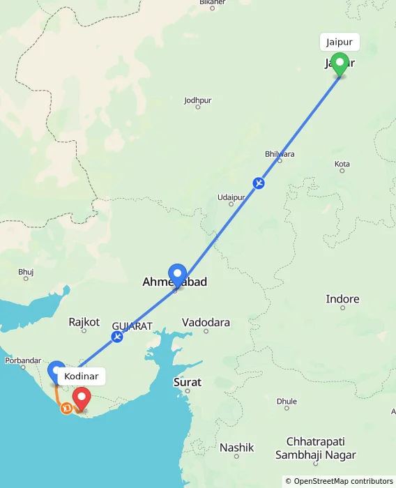 Route map showing distance and travel time from Jaipur, India to Kodinar, India