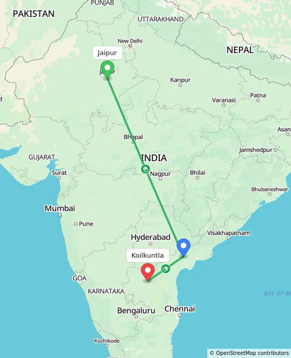 Route map showing distance and travel time from Jaipur, India to Koilkuntla, India