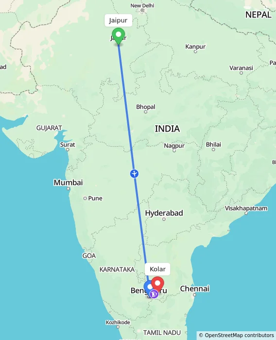 Route map showing distance and travel time from Jaipur, India to Kolar, India