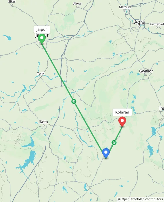 Route map showing distance and travel time from Jaipur, India to Kolaras, India