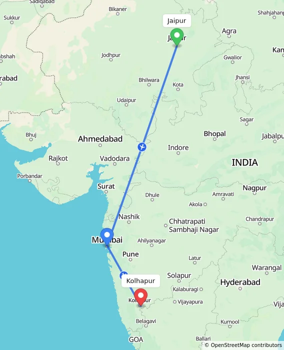 Route map showing distance and travel time from Jaipur, India to Kolhapur, India