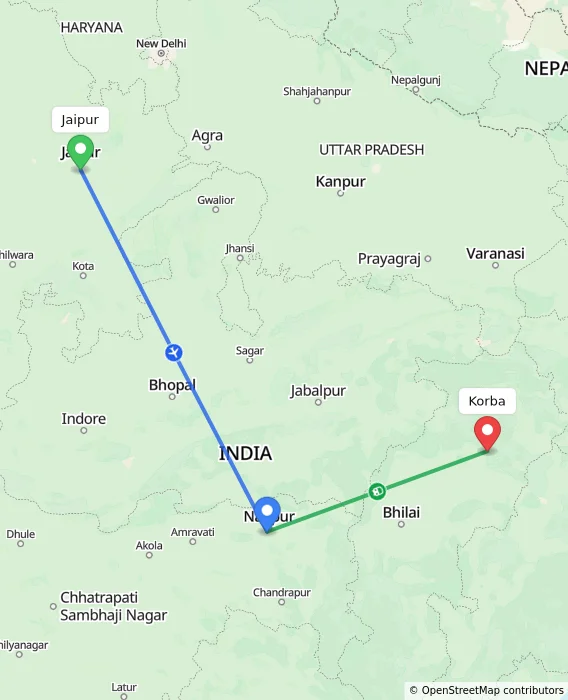 Route map showing distance and travel time from Jaipur, India to Korba, India
