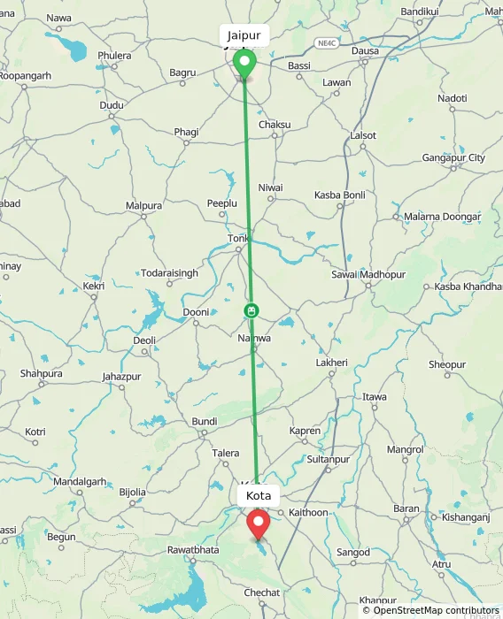Route map showing distance and travel time from Jaipur, India to Kota, India