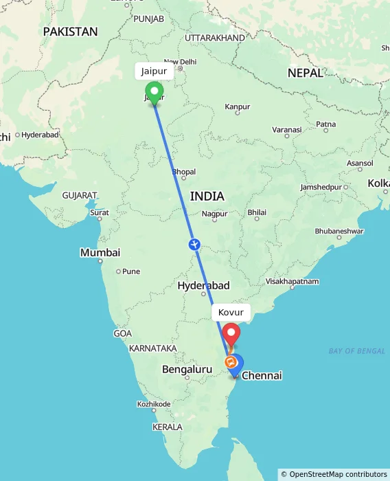 Route map showing distance and travel time from Jaipur, India to Kovur, India