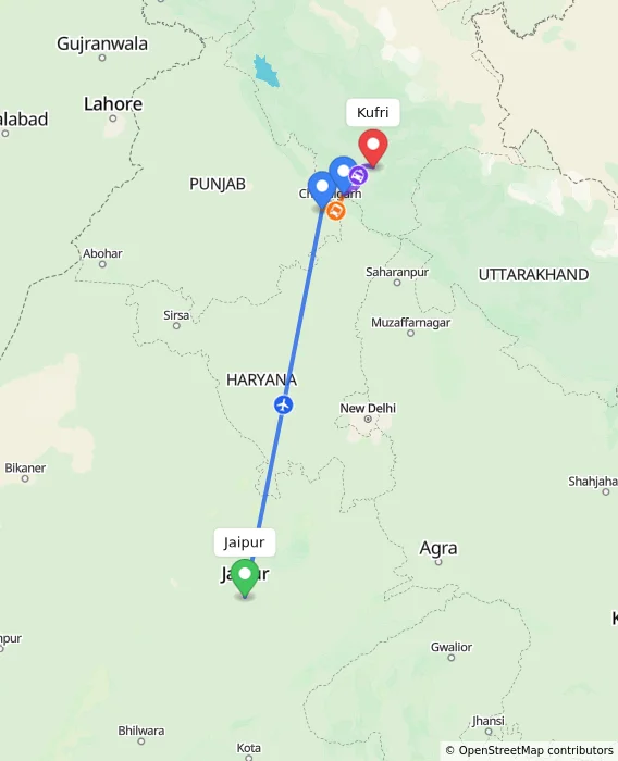 Route map showing distance and travel time from Jaipur, India to Kufri, India