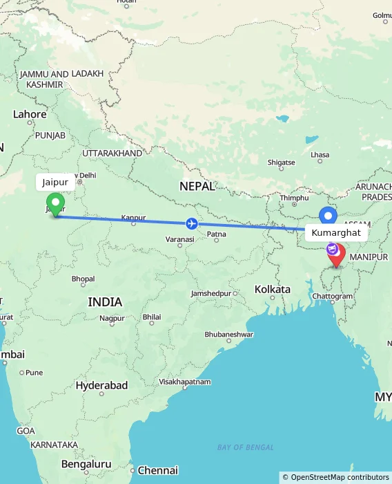 Route map showing distance and travel time from Jaipur, India to Kumarghat, India