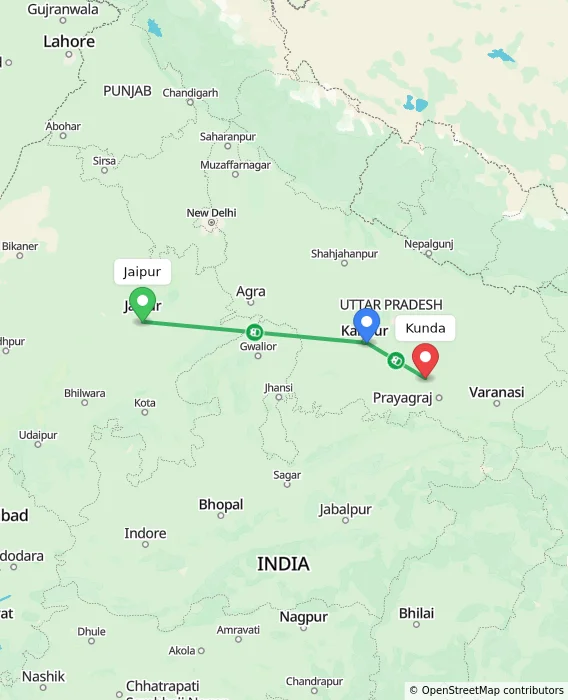 Route map showing distance and travel time from Jaipur, India to Kunda, India
