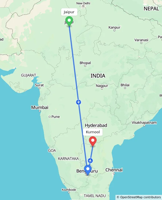 Route map showing distance and travel time from Jaipur, India to Kurnool, India