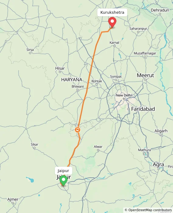 Route map showing distance and travel time from Jaipur, India to Kurukshetra, India