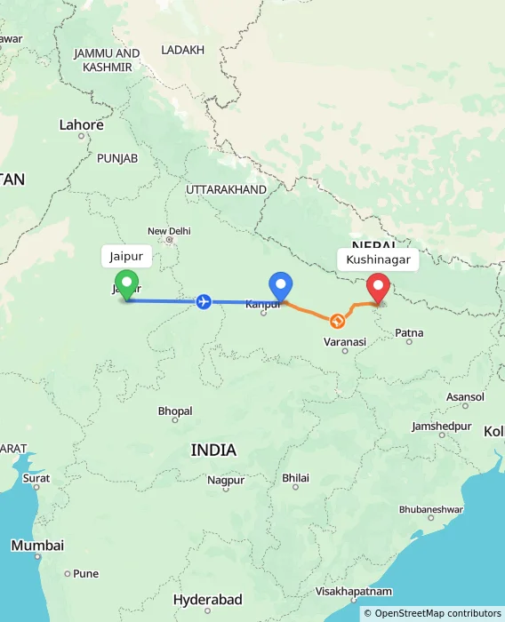 Route map showing distance and travel time from Jaipur, India to Kushinagar, India