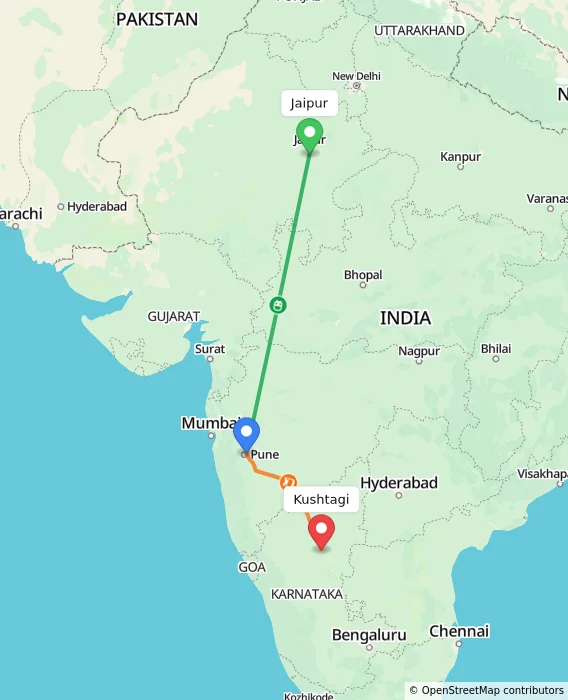 Route map showing distance and travel time from Jaipur, India to Kushtagi, India