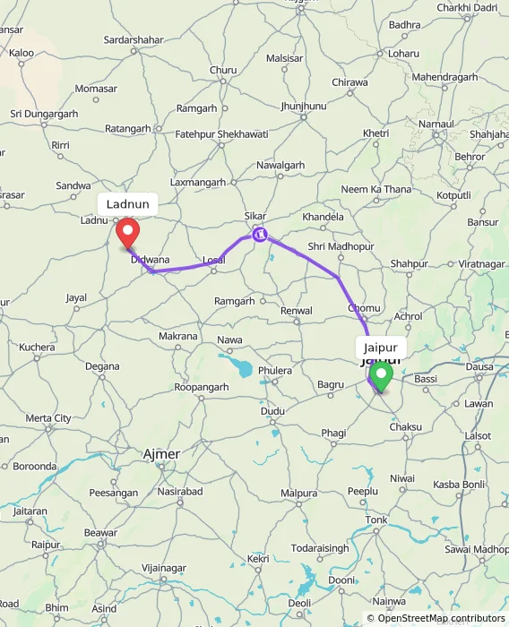 Route map showing distance and travel time from Jaipur, India to Ladnun, India