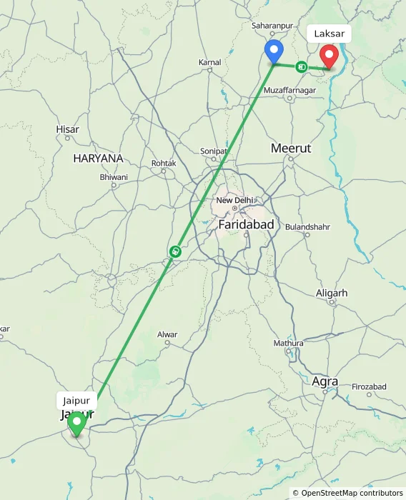 Route map showing distance and travel time from Jaipur, India to Laksar, India