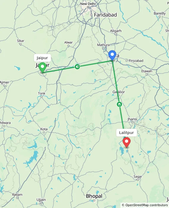 Route map showing distance and travel time from Jaipur, India to Lalitpur, India