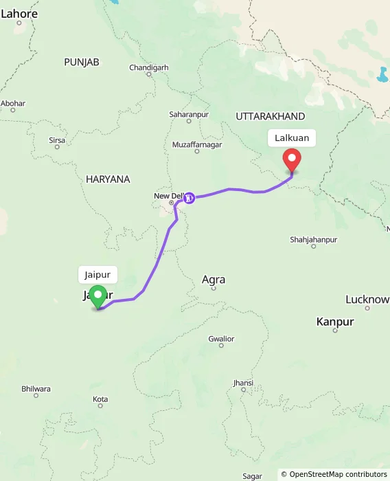 Route map showing distance and travel time from Jaipur, India to Lalkuan, India