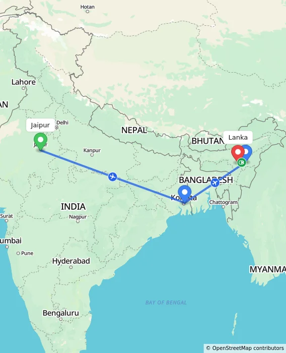Route map showing distance and travel time from Jaipur, India to Lanka, India